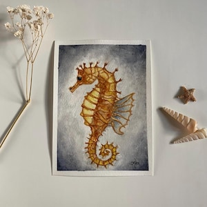 Orange Seahorse Watercolor Painting, Seahorse Art, Original Seahorse Watercolor, Sea Creature Watercolor, Original Art by Cassie Vea
