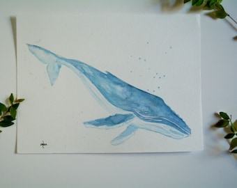 Blue Humpback Whale Watercolor Painting, Original Watercolor Artwork, Humpback Whale Painting, Minimalist Whale Painting,