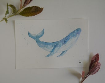 Humpback Whale Watercolor Painting, Original Humpback Whale Painting, Minimalist, Watercolor Whale, Sea Life Painting, Splashing Whale