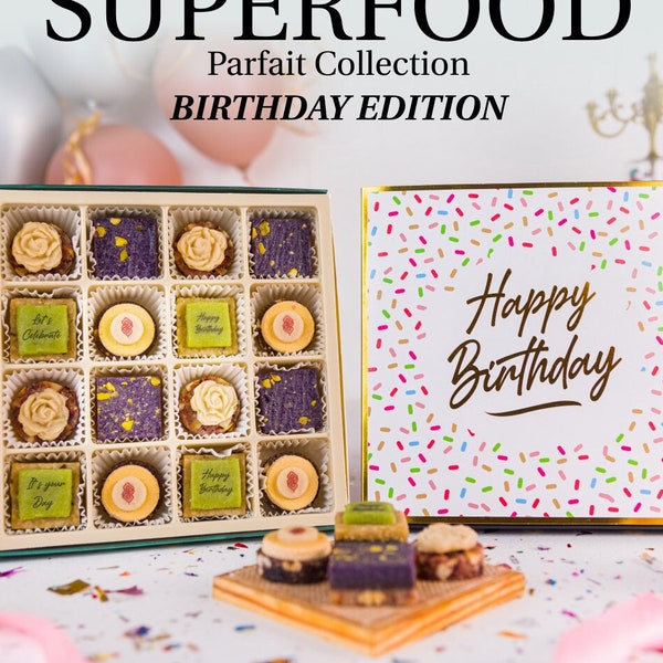 Superfood Parfait Collection Square [Caja de regalo de feliz cumpleaños] / Cesta de regalo de cumpleaños / Superalimento energético y frutos secos / Frutas gourmet Laumière