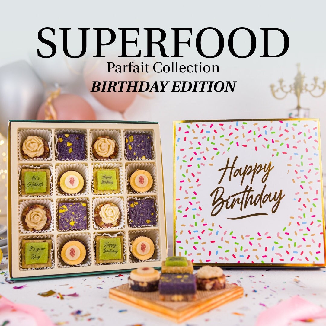 Superfood Parfait Collection Square [Happy Birthday Edition] | Birthday Gift Basket | Energy Super Food & Nuts | Laumière Gourmet Fruits
