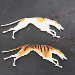 Custom painted greyhound ornament set of 2 / Hand painted sighthound figurines / Galgo Christmas decoration