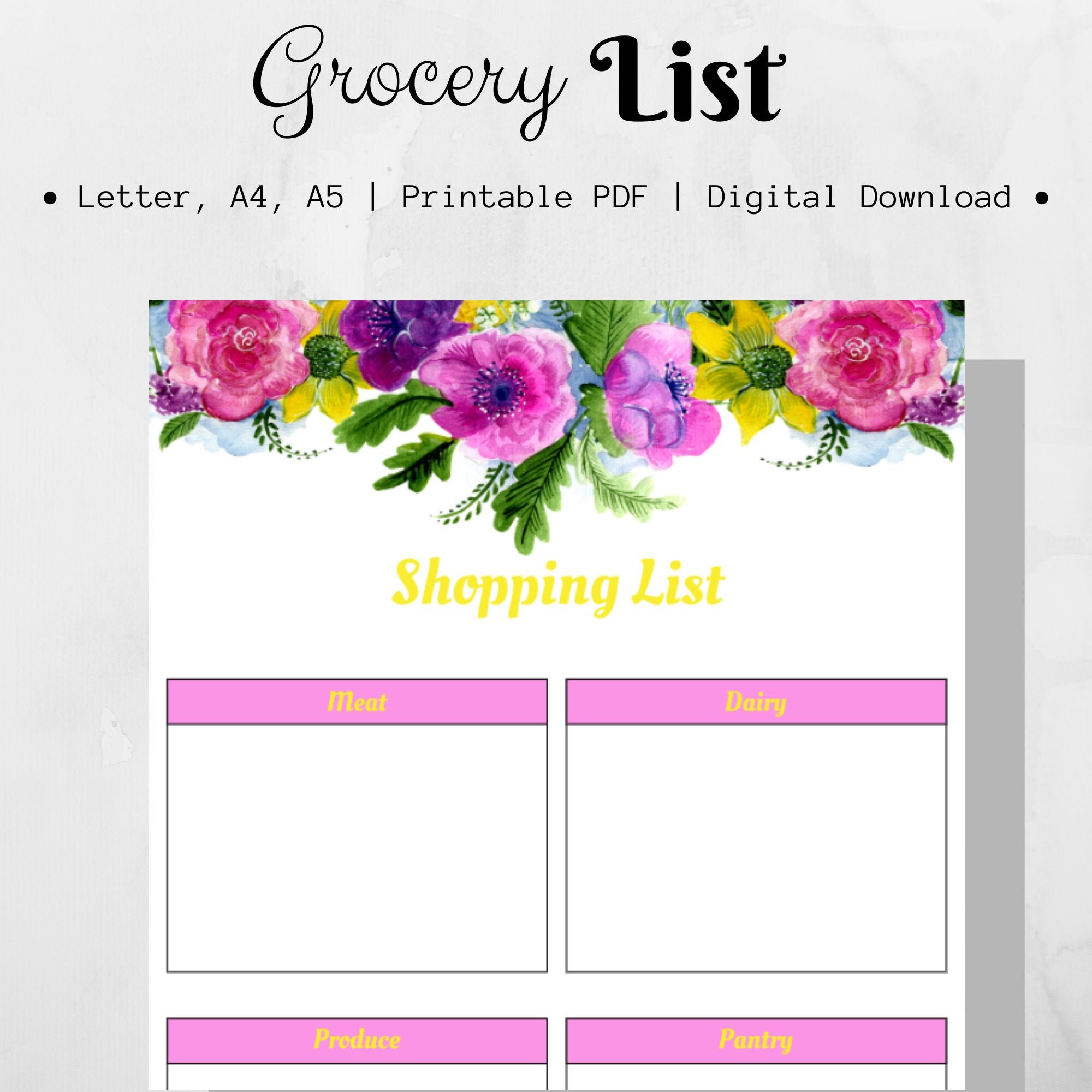printable floral grocery shopping list organizer planner etsy