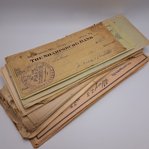 Vintage used Bank Checks 1910-1940 for mixed media collage, bank ephemera enthusiasts,and junk journals. 1 inch stack lots.