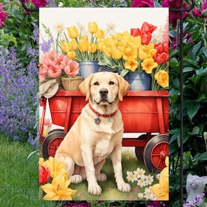 Bandera de jardín de doble cara con diseño de Labrador Retriever amarillo, flores de primavera, bandera de bienvenida.