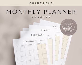 Monthly Planner (Undated), Printable, Instant Download, Sunday & Monday Start, A4, A5, US Letter