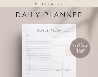 May include: Printable daily planner with sections for to-do list, schedule, fitness, meditation, mood, nutrition, gratitude, and what you learned today. The planner is in black and white with a light brown background.