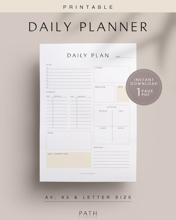 A5 Digital Download Daily Planner Template Printable Daily Planner Insert A6 A4 and US Letter Sizes. Plans Minimal Daily Planner