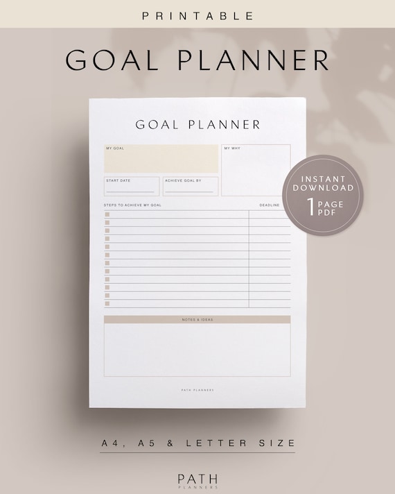Goal Planner, Printable, Instant Download, A4, A5, US Letter