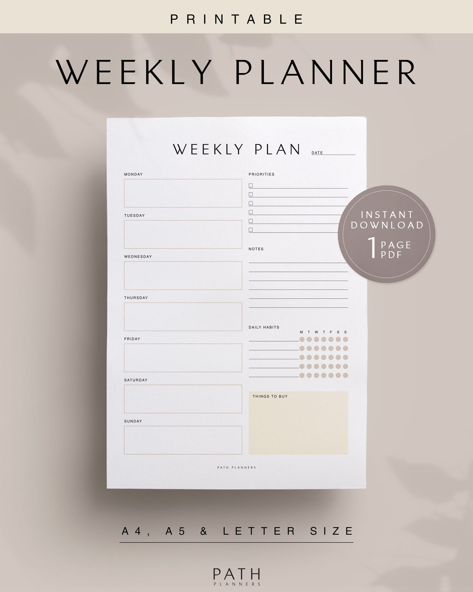 Weekly Planner, Printable, Instant Download, A4, A5, US Letter - Etsy
