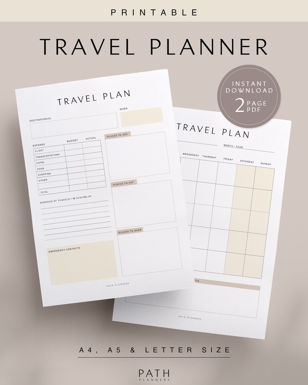 Travel Planner, Printable, Instant Download, A4, A5, US Letter - Etsy