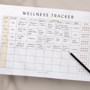 May include: A printable wellness tracker with a white background and black text. The tracker includes sections for date, total hours of sleep, exercise, self-care, nutrition, mood/energy, and water. The nutrition section includes columns for breakfast, lunch, dinner, and snacks.