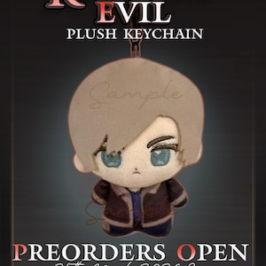 May include: A Resident Evil plush keychain featuring a character with light brown hair, blue eyes, and a dark jacket. The text reads Resident Evil Plush Keychain, Preorders Open, 25th March 2026 8pm, and shares greatly appreciated.