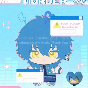May include: A 10cm plush keychain of a character with spiky blue hair and yellow heart-shaped eyes. The character wears a white and blue jacket over a dark shirt. The image includes text reading Dramatical MURDER and Aoba Seragaki.