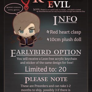May include: A 10cm Resident Evil plush doll featuring a character with light brown hair and blue eyes, wearing a brown jacket over a blue shirt. The doll includes a red heart-shaped clasp. Text on the image includes Resident Evil, Info, and Earlybird Option.