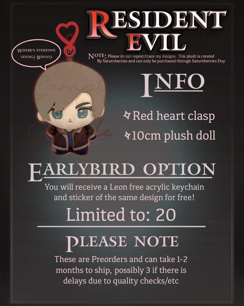 May include: A 10cm Resident Evil plush doll featuring a character with light brown hair and blue eyes, wearing a brown jacket over a blue shirt. The doll includes a red heart-shaped clasp. Text on the image includes Resident Evil, Info, and Earlybird Option.