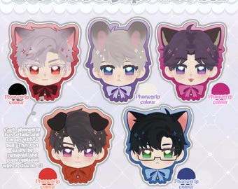May include: Five phone grips featuring anime-style characters with different colored hair and eyes. Each grip has a hole for a bell charm. The text "LADS Phonegrips with bell" is at the top of the image.