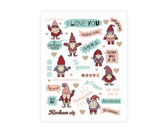 Valentine's Day Gnome Postcard Bundle, 'I Love You' in Multiple Languages, Envelopes Included