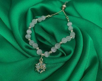 Opal Ball jewelry Beaded charm Bracelet, Women Wrist Fashion, Crystal ball, gold beads adjustable bracelet