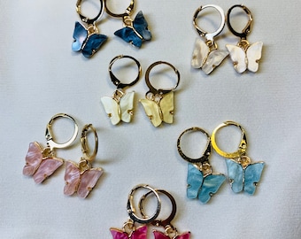 Dainty Butterfly Earrings, Gold Plated Acrylic Huggies