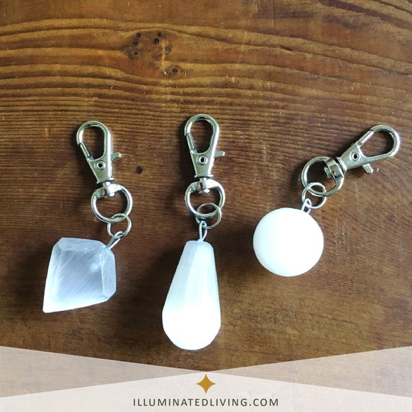 Selenite Charms with Swivel Clasps, Diamond, Teardrop, Sphere, Zipper Pull, Dog Tag, Energy Cleansing Tools, Gemstones for Kids and Pets