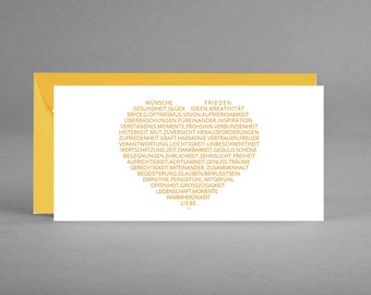 White greeting card WISHES AS A HEART in yellow for birthdays, Mother's Day, Valentine's Day, weddings including sunny yellow envelope + free card