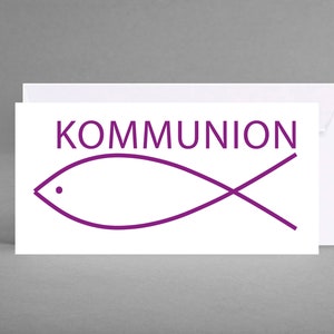 Felicitatiekaart, waardebon, uitnodigingskaart voor COMMUNIE-opschrift en vissen zijn in paars inclusief envelop in bloesemwit + gratis kaart