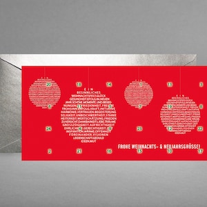 Nieuw - Adventskalender/kerstkaart Kerstboomballen INSPIRATIEF & EDEL met wijsheden + quotes inclusief envelop in zilver + gratis kaart