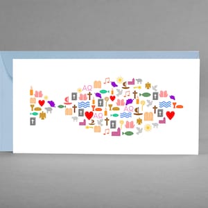 Felicitatiekaart, waardebon, uitnodigingskaart VISSYMBOLEN voor doop, vormsel, communie, vormsel inclusief blauwe envelop + gratis kaart