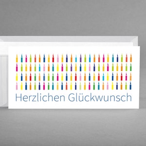 Glückwunschkarte "Herzlichen Glückwunsch" weiß EDEL & PURISTISCH mit vielen, bunten Kerzen mit Kuvert in weiß-transparent + Gratis-Karte