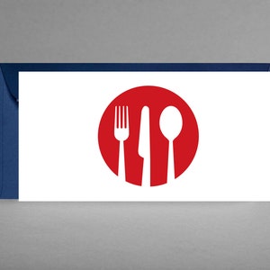 Gutschein & Einladung Essen weiß rot PURISTISCH MIT BESTECK für Gastronomie, Restaurant, Bistro, Biergärten inkl. Kuvert  + Gratis-Karte