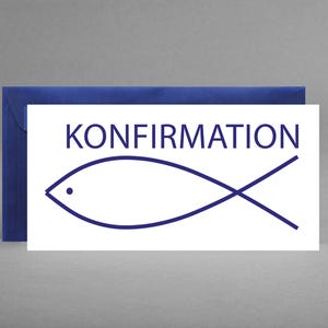 Felicitatiekaart, voucher, uitnodigingskaart voor BEVESTIGING belettering en vis zijn in donkerblauw inclusief envelop + gratis kaart