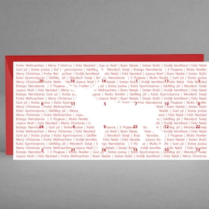 Nieuw - Adventskalender/kerstkaart rendier wit DIN lang INSPIRATIEF & EDEL met wijsheden en quotes incl. envelop in rood + gratis kaart