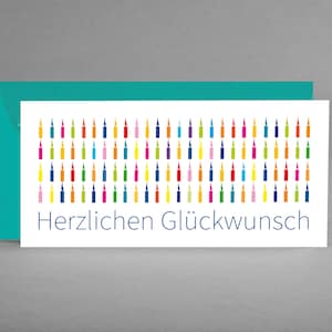 Glückwunschkarte "Herzlichen Glückwunsch" weiß KLASSISCH PURISTISCH mit bunten Kerzen als Klappkarte mit Kuvert in Türkis + Gratis-Karte