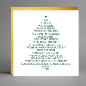 Kerstkaart wit vierkant met goede wensen groene kerstboom GLAZUUR PURISTISCH inclusief gouden envelop + gratis kaart