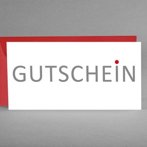 Carte de bon blanc DESIGN RÉDUIT avec écriture grise et i-dot rouge pour entreprise et privé avec enveloppe + carte gratuite