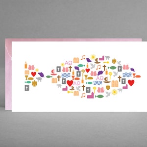 Glückwunschkarte, Gutschein, Einladungskarte weiß FISCH SYMBOLE zur Taufe, Firmung, Kommunion, Konfirmation  inkl. Kuvert + Gratis Karte