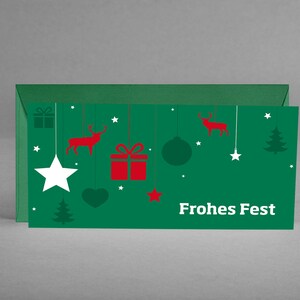 Weihnachtskarte dunkelgrün "Frohes Fest" WEIHNACHTLICH IM TANNENGRÜN mit weihnachtlichen Symbolen inkl. Kuvert grün + Gratis-Karte