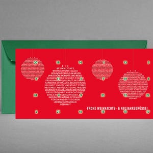Nieuw - Adventskalender/kerstkaart Kerstboomballen INSPIRATIEF & EDEL met wijsheden + quotes inclusief envelop in groen + gratis kaart