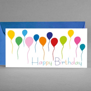 Carte de voeux blanche "Joyeux anniversaire" RÉDUITE ET COLORÉE pour votre anniversaire avec des ballons colorés avec enveloppe bleue + carte gratuite
