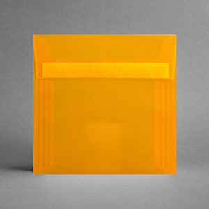 Set 5 Kuverts Orange-transparent ORIGINELL für Fotos, Grußkarten, 155 x 155 mm, quadratisch, ohne Sichtfenster, selbstklebend + Gratis-Karte