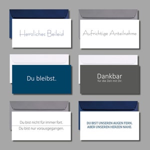 Lot de 6 cartes funéraires de haute qualité MODERNE & TRÈS HAUTE QUALITÉ différents designs, différentes couleurs, papiers fins avec enveloppes + carte gratuite
