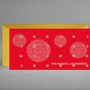 Nieuw - Adventskalender/kerstkaart Kerstboomballen INSPIRATIEF & EDEL met wijsheden + quotes inclusief envelop in goud + gratis kaart