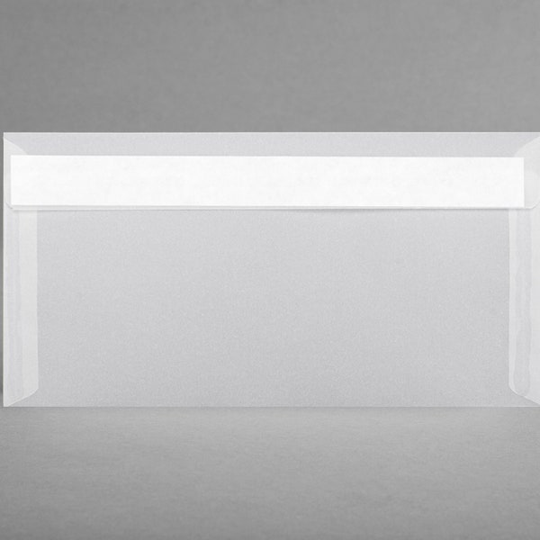 TRANSPARENT: Set 5 Kuverts in DIN lang Querformat 220 x 110 mm, Transparentpapier, ohne Sichtfenster, selbstklebend + Gratis-Karte (VE5)