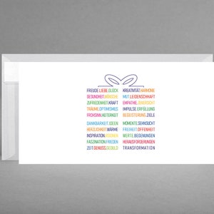 Neu - Glückwunsch-, Geburtstagskarte universell mit vielen Wünschen FARBENFROHE WÜNSCHE GESCHENK inkl Kuvert weiß-transparent + Gratis-Karte
