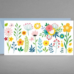 Waardebon, felicitatie- en uitnodigingskaart KLEURRIJKE BLOEMEN voor vrienden, familie, buren, collega's inclusief envelop in lichtblauw + gratis kaart