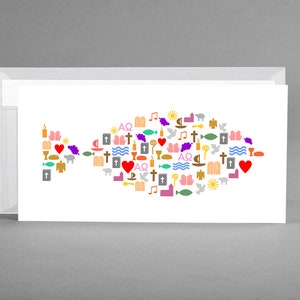 Glückwunschkarte, Gutschein, Einladungskarte weiß FISCH & SYMBOLE Taufe, Firmung, Kommunion, Konfirmation  inkl. Kuvert + Gratis Karte