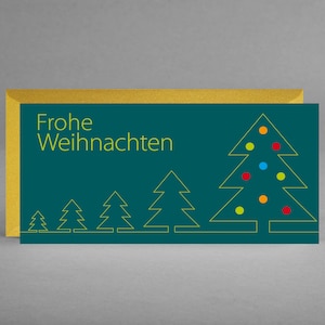 Weihnachtskarte dunkelgrün "Frohe Weihnachten" FESTLICH & ELEGANT mit stilisierten Weihnachtsbäumen inkl Kuvert in Gold und Gratis-Karte