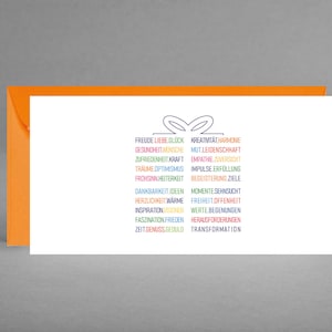 Glückwunsch-, Geburtstagskarte universell mit vielen Wünschen FARBENFROHE WÜNSCHE GESCHENK inkl. Kuvert in orange + Gratis-Karte