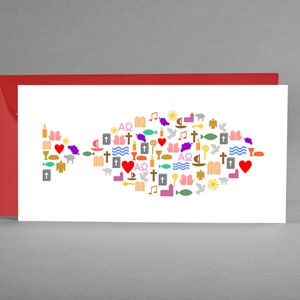 Felicitatiekaart, waardebon, uitnodigingskaart VISSYMBOLEN voor doop, vormsel, communie, vormsel incl. rode envelop + gratis kaart